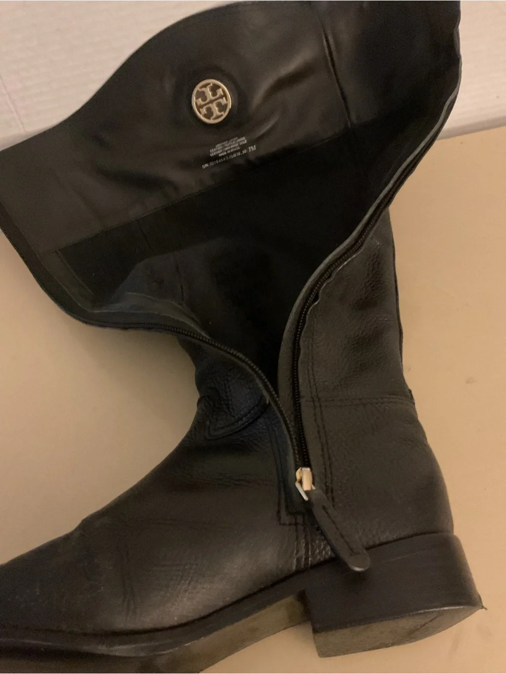 Tory Burch women Black Leather Knee-High Riding Boots with Gold Logo boots US 7